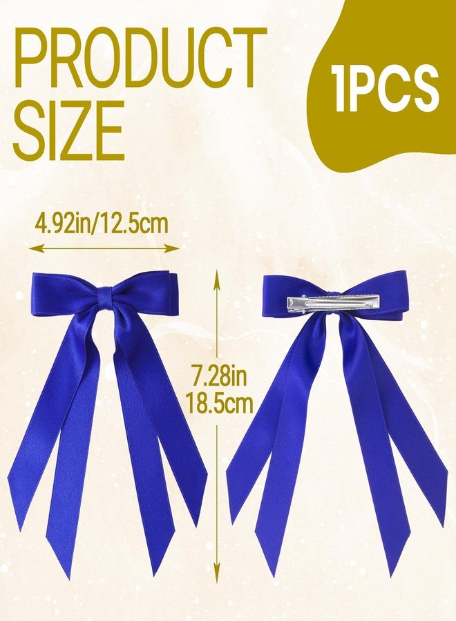 SmallCat 1 Pcs 5'' Blue Bows for Hair, Blue Hair Bow with Long Tail, Royal Blue Hair Bow for Women, Long Ponytail, Wedding, Decoration - Image 2